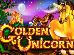 Golden Unicorn logo featuring a majestic golden unicorn with a castle in the background, surrounded by lush greenery and a glowing moonlit sky