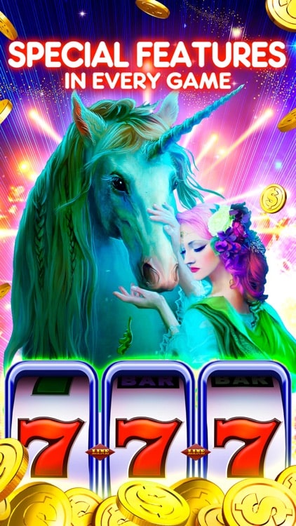 A mystical scene with a glowing blue unicorn and a woman in a green dress, set against a vibrant background of coins and slot machines displaying '777.' The text reads 'Special Features in Every Game.'