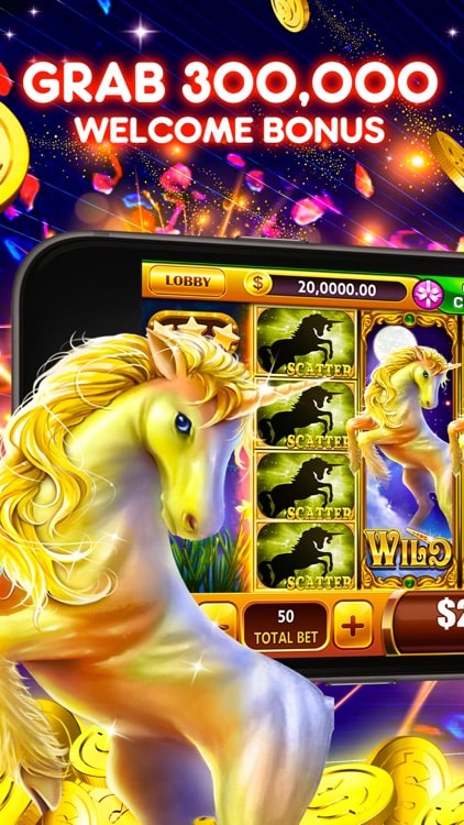 Slot game screen featuring a golden unicorn with glowing mane, surrounded by scatter symbols and wild icons, with the text 'Grab 300,000 Welcome Bonus' at the top